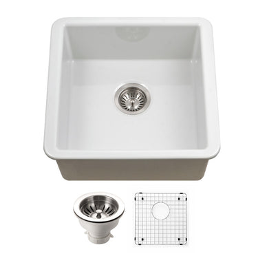 Houzer Platus 20 inch White Fireclay Undermount Square Single Bowl Bar Sink with Basket Strainer and Basin Grid Included
